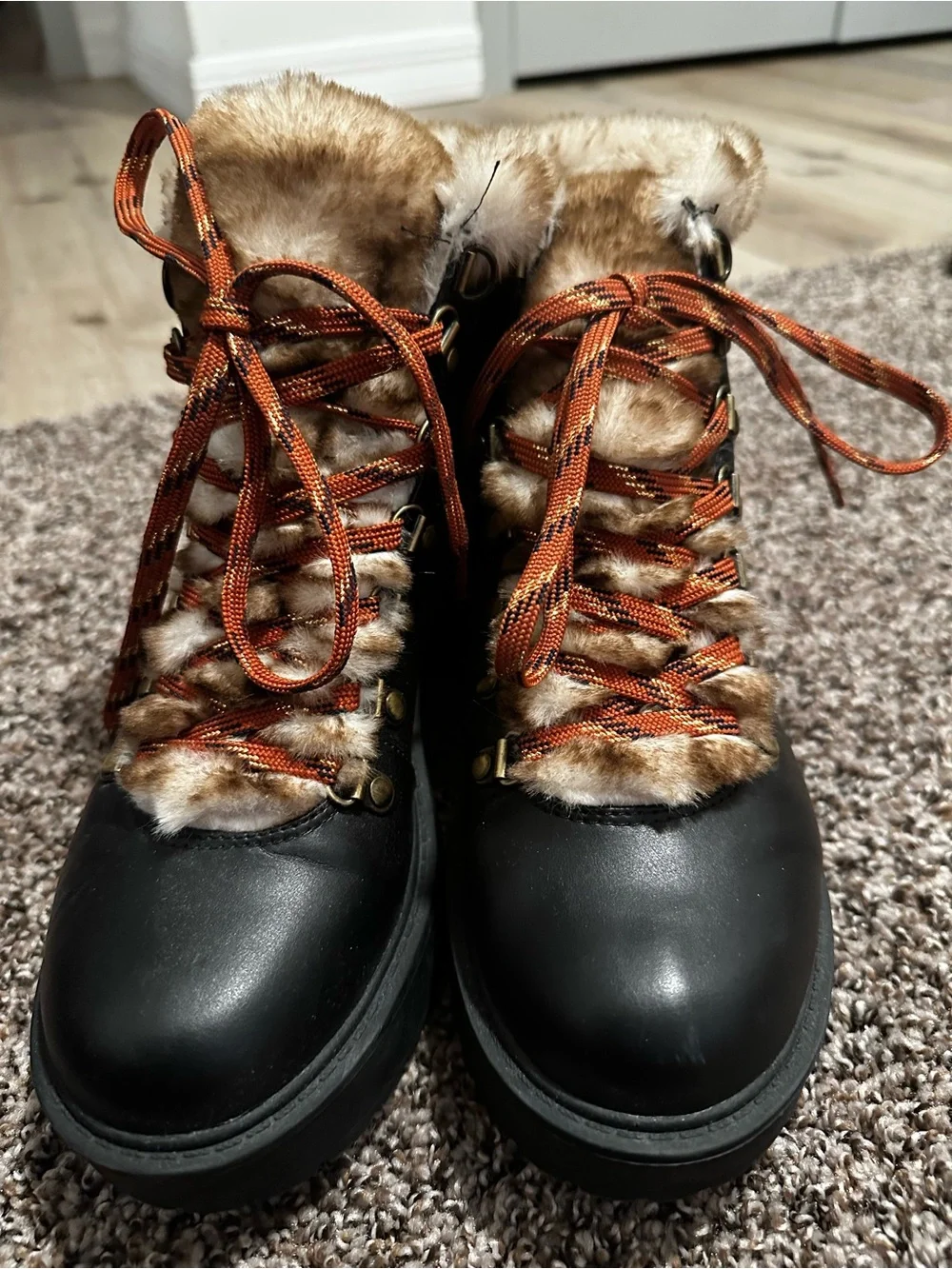 American Eagle Outfitters Black Boot with Faux-Fur Trim and Orange Laces